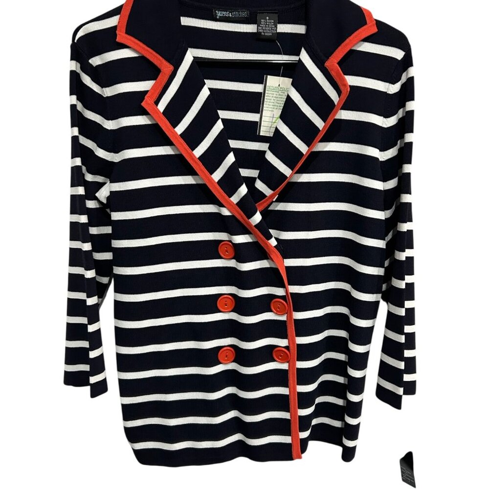 Yarns & Stitches Small Striped Red Trim Button Front Cardigan Nautical Preppy NW